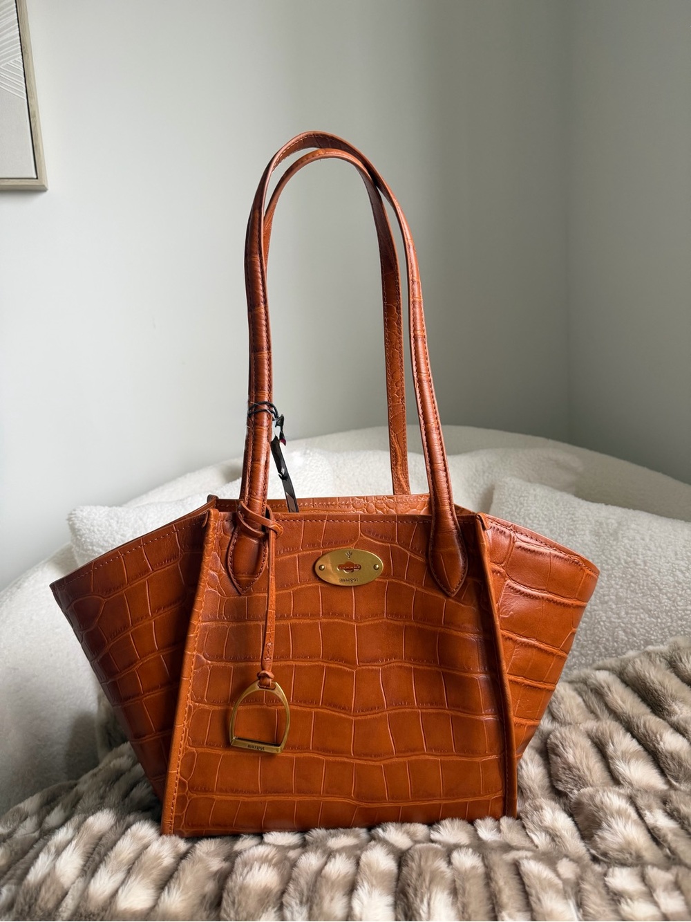 margot Croc-Embossed Leather Tote in Cognac Brown